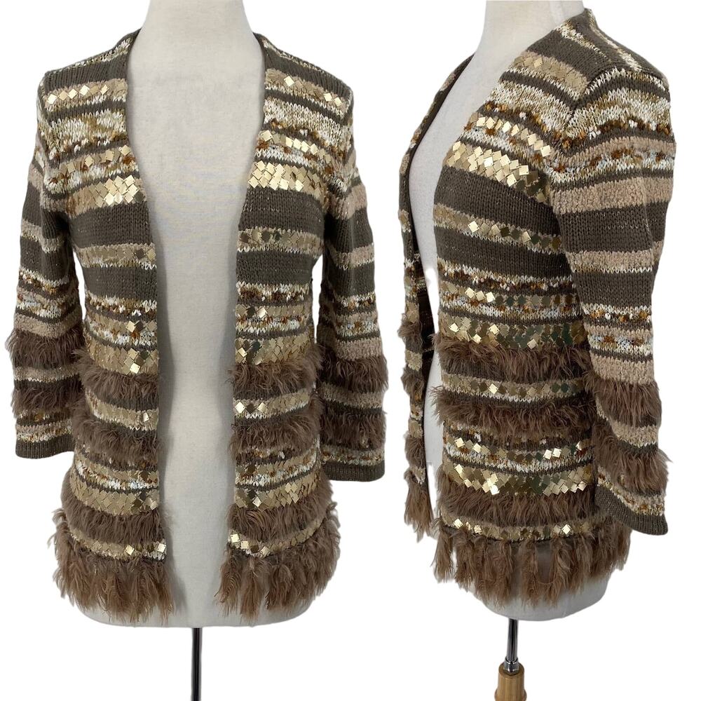 Chicos Cardigan Mixed Knit Striped Eyelash Wool Open Front Sequined Womens Small